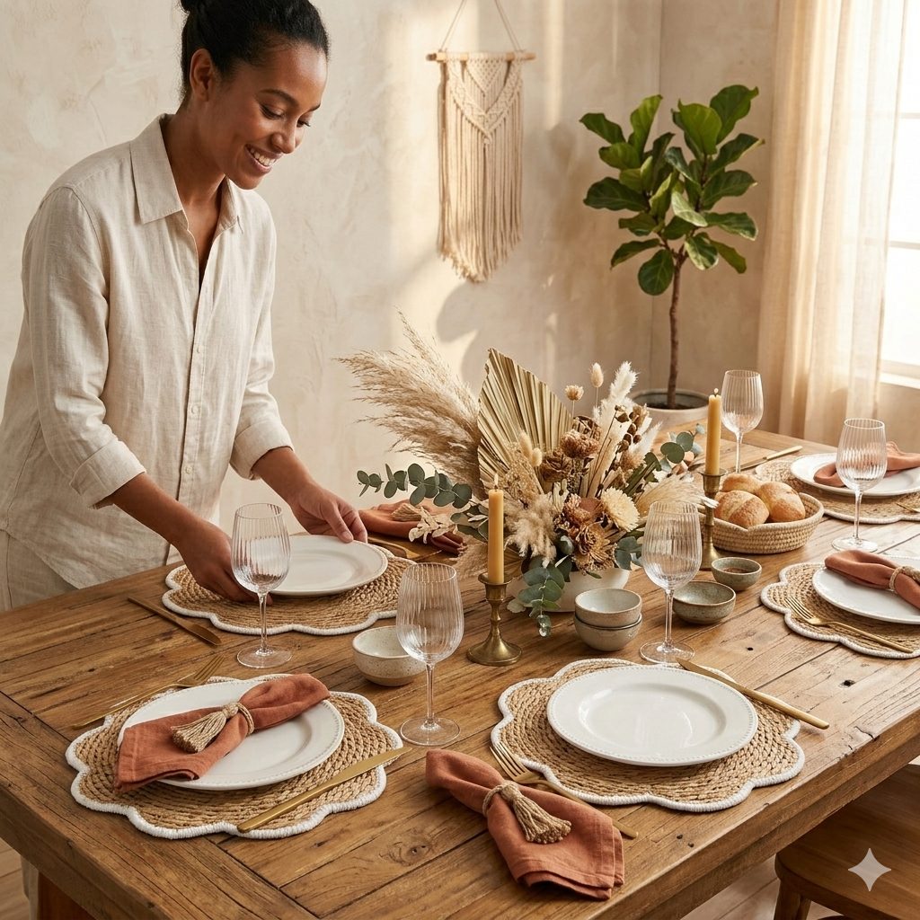 A woman arranging NEVEVIBES flower-shaped woven placemats on a wooden dining table