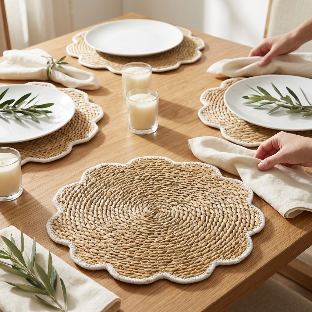 Flower-shaped woven placemats set with white plates, linen napkins and olive sprigs